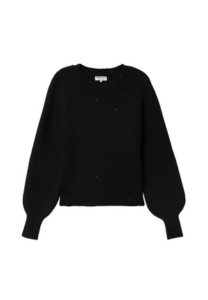 Suéter negro de punto con mangas largas de estilo globo, textura acanalada y cuello redondeado. Presenta sutiles detalles brillantes en todo su diseño.