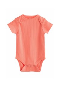 Kortärmad baby bodysuit i ribbat koralltyg, med rund halsringning och tryckknappar nertill för enkel påklädning.