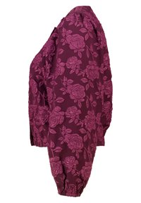 Bordeauxblouse met reliëf bloemenpatroon, lange mouwen met elastische manchetten en een losse pasvorm, met een gestructureerde stofafwerking.