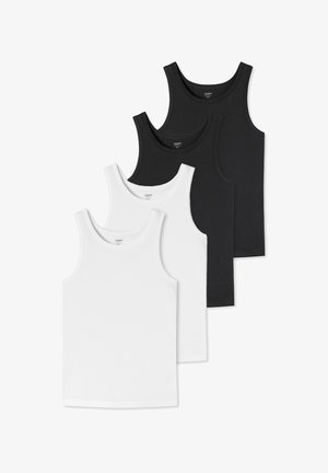 Katoenen tanktopset in vier kleuren: twee zwart en twee wit. Heeft een klassiek mouwloos ontwerp met een ronde hals.