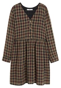 Langärmliges kariertes Kleid in dunklen Tönen von Marineblau, Burgunderrot und Beige, mit V-Ausschnitt, Knopfleiste und gerafftem Taillenbereich.