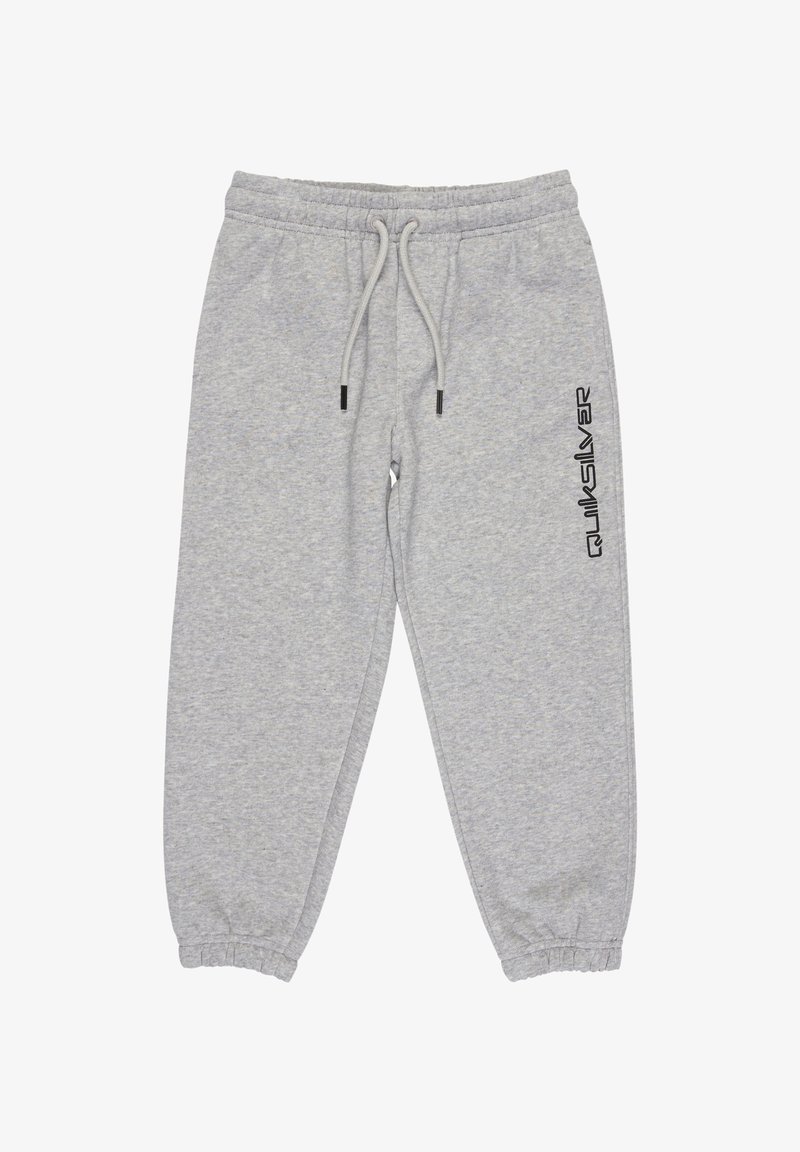 Jasnoszare dresy wykonane z miękkiej bawełnianej mieszanki, z elastycznym pasem w talii ze sznurkiem, zwężanymi mankietami oraz czarnym logo nadrukowanym z boku.