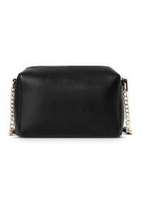 Borsa a tracolla nera in pelle con superficie texturizzata, forma rettangolare, tracolla in catena dorata e chiusura con zip.