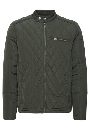 Quilted jacket in dark olive green, featuring a stand collar, zip closure, and three zippered pockets. Smooth, water-resistant fabric.