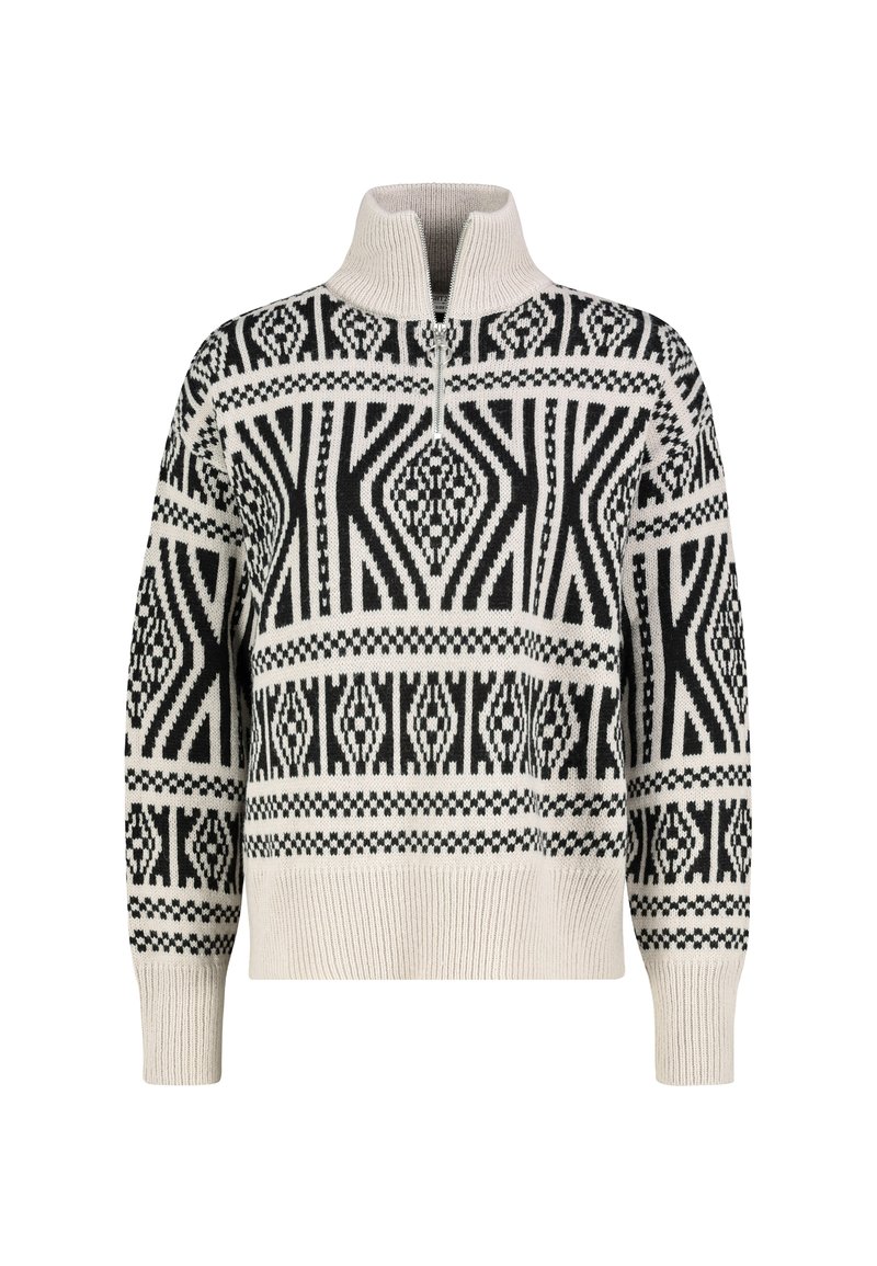 Strickpullover mit einem halben Reißverschluss und einer geometrischen Schwarz-Ecru-Musterung, gerippten Bündchen und Saum. Aus warmem Wollmischmaterial.