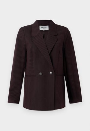 Temno burgundski dvoslojni blazer z vzorcem na črte, s poklopnimi ovratniki, dvema velikima gumboma in stranskima žepoma. Gladka tekstura tkanine.