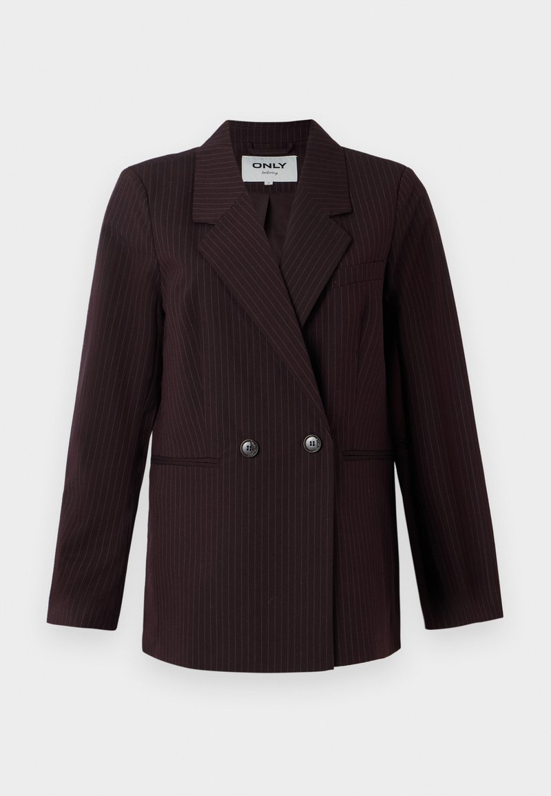 Blazer doppiopetto di un intenso bordeaux scuro con motivo a righe, revers a punta, due grandi bottoni e tasche laterali. Tessuto dal tocco liscio.