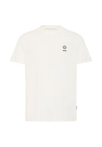 Vit kortärmad t-shirt i bomull med en liten svart grafisk soldesign och ordet "calm." tryckt under. Klassisk rund halsringning.