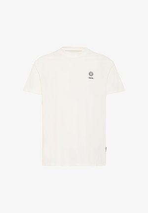 T-shirt bianca a maniche corte in cotone con un piccolo design grafico di sole nero e la parola "calma." stampata sotto. Collo a giro classico.