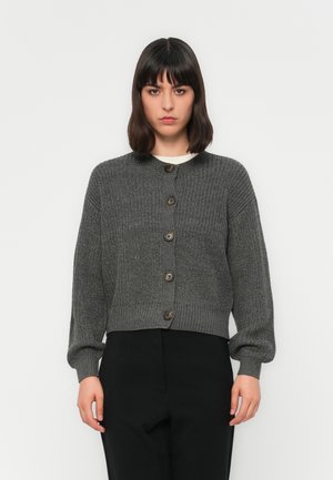 Vrouw met donker haar, gekleed in een grijze gebuttonneerde brei-cardigan en zwarte broek, staande tegen een effen witte achtergrond.
