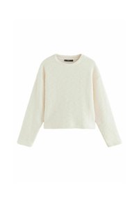 Crème kleurige pullover trui, cropped ontwerp met lange mouwen, gemaakt van gestructureerde stof. Heeft een ronde halslijn en een subtiel breipatroon.
