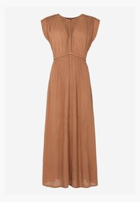 Robe maxi marron avec des manches courtes en cap, texture plissée et un détail subtil au niveau du col. Tissu léger et design fluide.