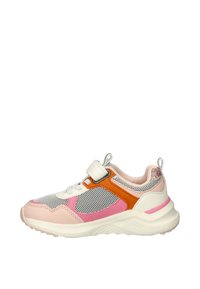 Multikleurige sneaker van mesh en suede materialen, met roze, oranje, witte en grijze accenten. Gestyled met een klittenbandsluiting.