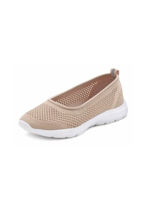 Beige knitted slip-on shoe with a breathable mesh upper, white rubber sole, and subtle striped accent on the heel for added detail.