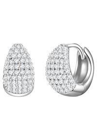 Boucles d'oreilles en argent en forme de créole, présentant une surface texturée agrémentée de petits accents sphériques et de pierres transparentes incrustées pour un éclat supplémentaire.