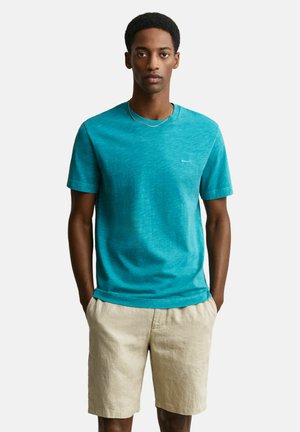 Man draagt een teal-kleurig T-shirt met korte mouwen en beige shorts tot aan de knieën, staand met handen in de zakken tegen een effen achtergrond.