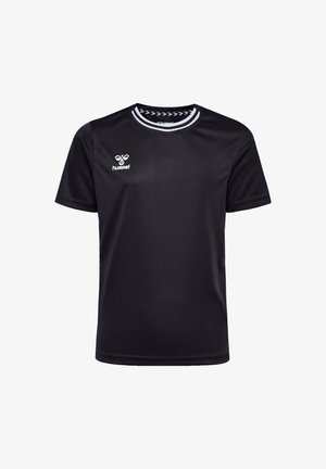 Czarny sportowy t-shirt wykonany z gładkiego materiału. Posiada okrągły dekolt z białymi paskami oraz logo Hummel na lewej piersi.