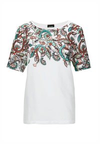Witte korte mouwen t-shirt met een kleurrijke bloemen- en paisleyprint langs de halslijn en schouders, met een zachte textuur.