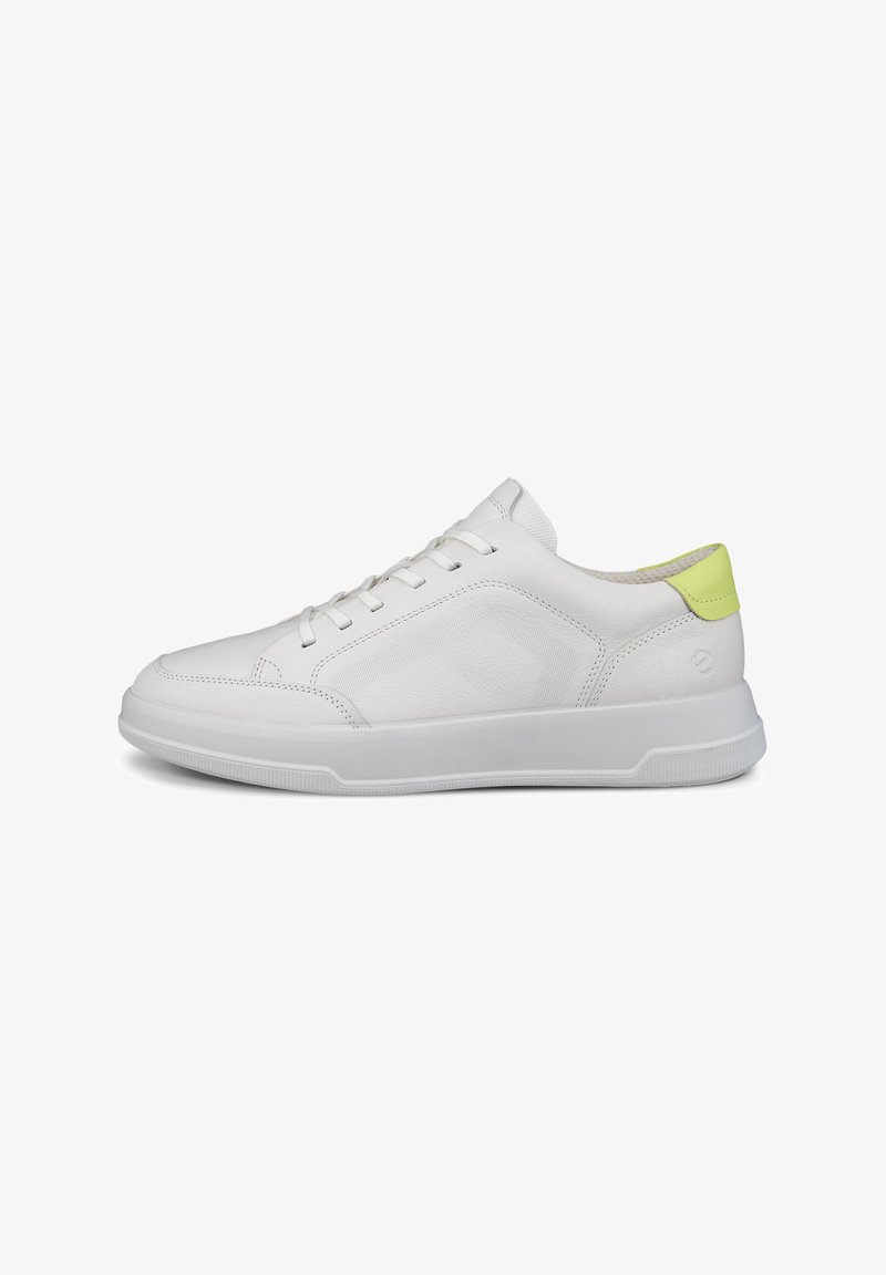 White sneakers made of smooth leather with a rubber sole. Features a bright green accent at the heel and subtle stitching details.