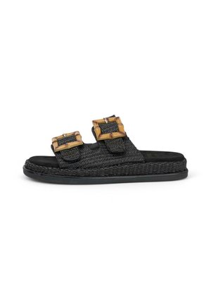 Black woven slide sandal featuring two buckled straps with bamboo-style accents, flat sole, and textured surface.