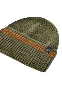 Szydełkowa czapka w kolorze oliwkowym z teksturowanym wzorem i ściągaczem. Posiada odważny pomarańczowy pasek oraz czarną naszywkę z logo.