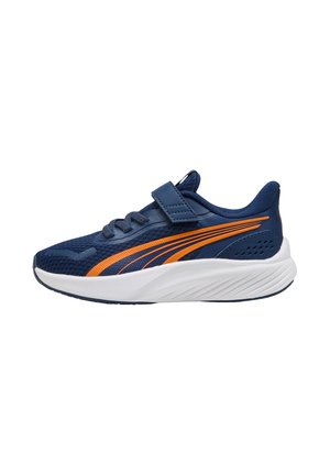 Navy blue athletic shoe with orange stripes, mesh upper, Velcro strap, padded collar, and white sole designed for comfort and traction.