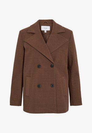 Brown wool blend double-breasted coat with large lapels, black buttons, side pockets, and a slightly oversized fit. Smooth texture.