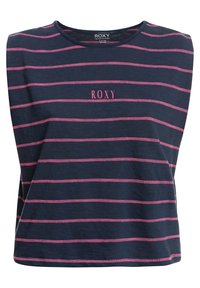 Randy navy och rosa ärmlös topp med rundad halsringning; har varumärket "ROXY" broderat i rosa fram.