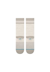Beige socks with a textured design, featuring light gray and dark gray stripes at the top and a teal accent at the cuff.