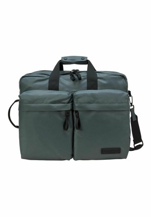 Ciemnozielona prostokątna torba z dwoma dużymi przednimi kieszeniami na zamek, czarnymi uchwytami i regulowanym paskiem na ramię.