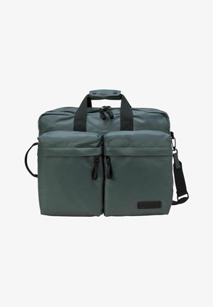 Sac rectangulaire vert foncé avec deux grandes poches avant zippées, anses noires et une sangle d'épaule réglable.