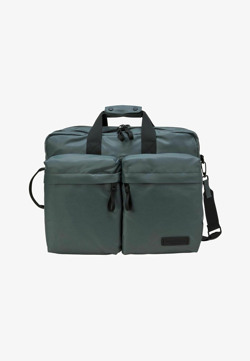 Donkergroene rechthoekige tas met twee grote voorzakken met rits, zwarte handvatten en een verstelbare schouderriem.