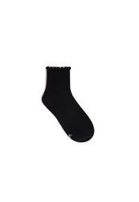 Schwarze Knöchelsocke mit einem fransigen oberen Rand, aus einem glatten Strickstoff gefertigt. Verfügt über eine verstärkte Zehenpartie für Haltbarkeit.