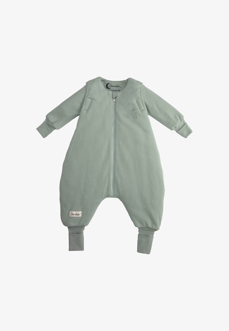 Hellgrüner Kinderoverall aus strukturiertem Stoff, mit einem Reißverschluss vorne, langen Ärmeln, gerippten Bündchen und einem kleinen Logodetail.