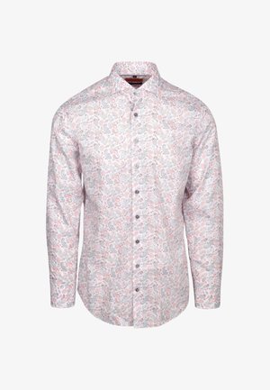 Langärmliges Hemd aus weißem Stoff mit einem lilafarbenen und grauen Paisleymuster, Kragen und schwarzen Knöpfen auf der Vorderseite.
