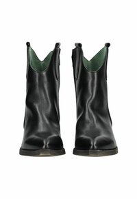Czarne skórzane botki za kostkę o eleganckim designie, ze spiczastym noskiem, elastycznymi bocznymi panelami i kontrastowym zielonym wykończeniem. Płaska gumowa podeszwa.