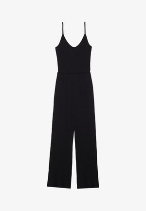 Musthave mustripa trikoo, millel on V-kaelus, õhukesed õlavarre rihmad, sobiv rinnaosa ja laiad pükse, mis loovad mugava silueti.