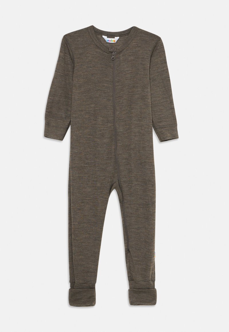 Bodysuit pour bébé à manches longues, marron, avec fermeture éclair à l'avant et bouton-pression au col, fabriqué en tissu tricot doux.