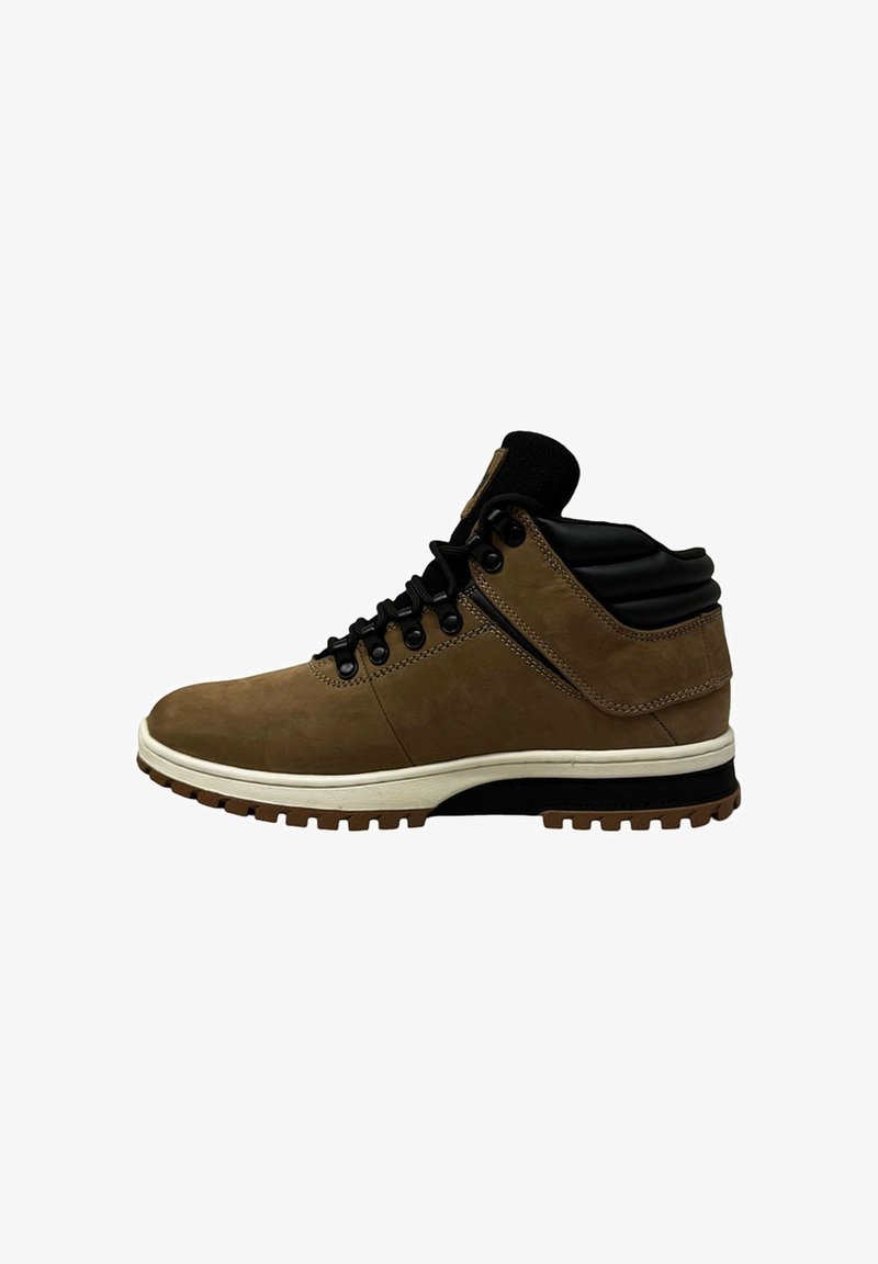 Brown waterproof hiking boot with a textured upper, black padded collar, sturdy laces, and a white and black rubber sole with traction pattern.