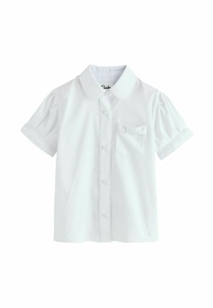 Bela kratka majica s kratkimi rokavi, ki ima ovratnik, sprednje gumbke in majhno žepno odprtino z detajlom pentlje. Gladka tkanina.