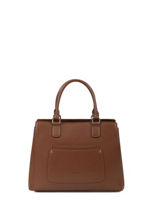 Sac à main en cuir marron texturé avec deux anses, une poche avant et des accents métalliques subtils sur fond blanc.