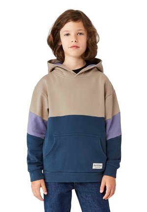 Farveblokeret hættetrøje i beige, navy, lilla; har en frontlomme, lange ærmer og en hætte med snøre. Blødt stof med en afslappet pasform.