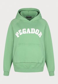 Sudadera de algodón verde con bolsillo frontal tipo canguro, puños acanalados y "PEGADOR" en letras blancas en negrita en el pecho.