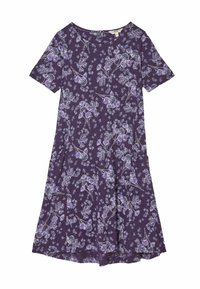 Lila Blumenkleid mit kurzen Ärmeln, Rundhalsausschnitt und knielanger A-Linie. Das Kleid besteht aus einem gemusterten Stoff mit weißen und lavendelfarbenen Blumen.