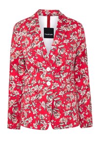 Blazer floreale rosso con un design strutturato, bottoni bianchi e un tessuto morbido decorato con foglie verdi e fiori rosa. Etichetta del marchio visibile.