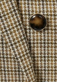 Brūnas un bēšas houndstooth audums ar lielu tumšu pogu, kurai ir spīdīga apdare un metāla akcents. Sīki redzama tekstūra.
