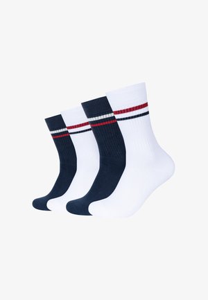 A set of three pairs of crew socks: one white with red and navy stripes, two solid navy blue. Cotton blend, ribbed texture, ankle length.