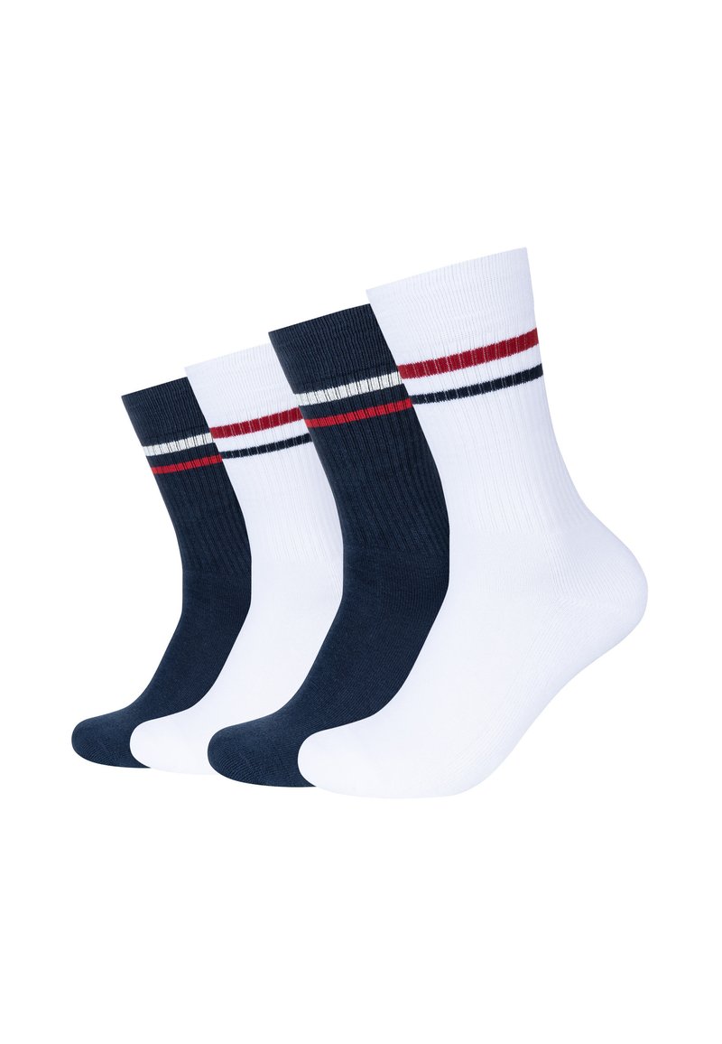 Un set di tre paia di calzini unisex: uno bianco con strisce rosse e blu navy, due blu navy solidi. Misura in cotone misto, texture a coste, lunghezza alla caviglia.