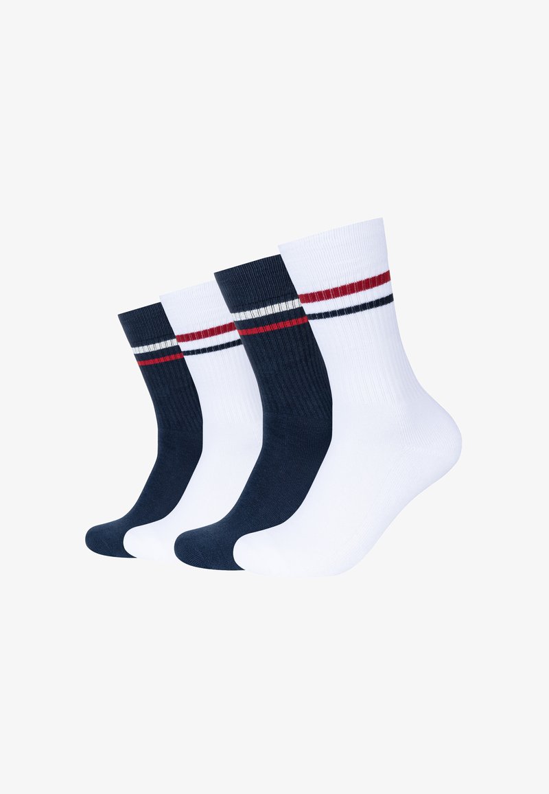 Un set di tre paia di calzini unisex: uno bianco con strisce rosse e blu navy, due blu navy solidi. Misura in cotone misto, texture a coste, lunghezza alla caviglia.