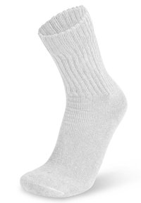 Hellgraue Socke mit geripptem Muster und einem umgeschlagenen, elastischen Bündchen. Mittelhohe Ausführung, geeignet für die Freizeit.
